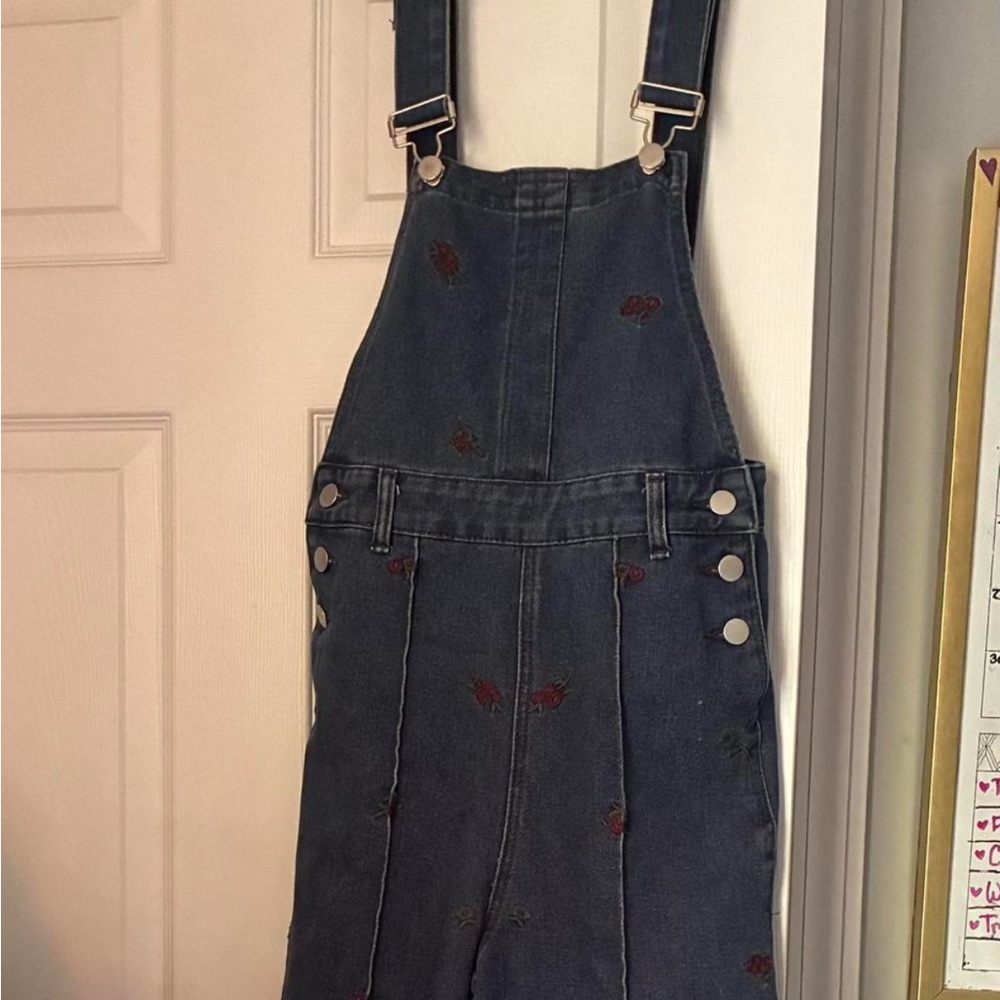 Denim Overalls with Embroidered Details